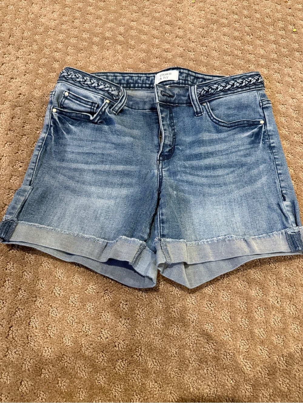 crown & ivy Medium Blue Braided Waist Denim Shorts